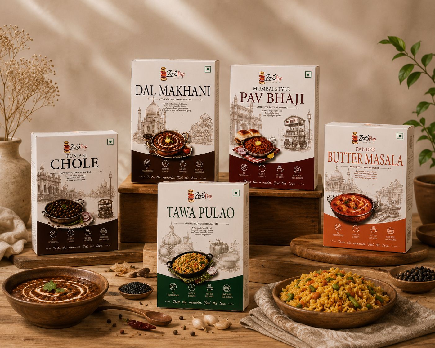 Freeze-dried Indian meals plated with spices and cilantro